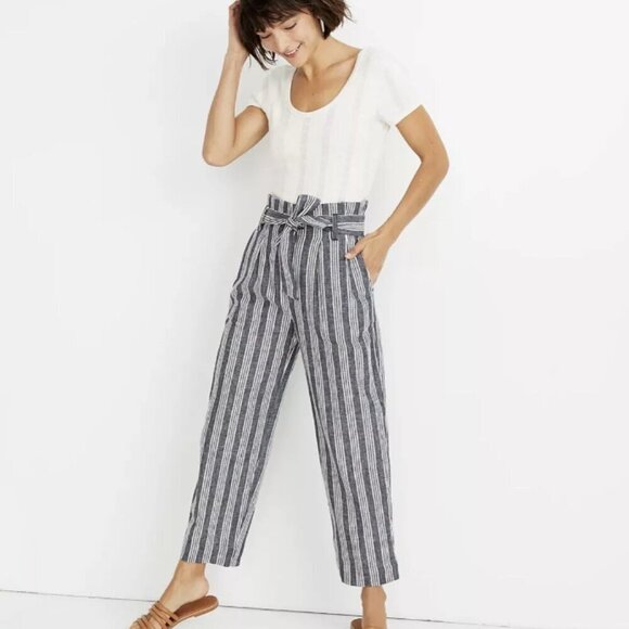 Madewell Baltic Stripe Linen Blend Paper Bag Waist Cropped Pants (10) - Picture 1 of 6